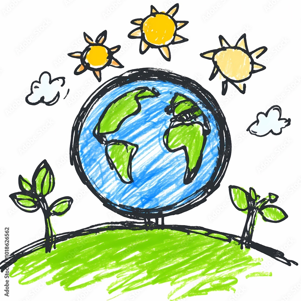 Naklejka premium Hand-Drawn Globe with Plants and Wildlife Elements