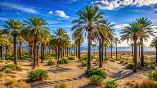 Barren desert landscape with palm trees in Benicassim, Costa Azahar