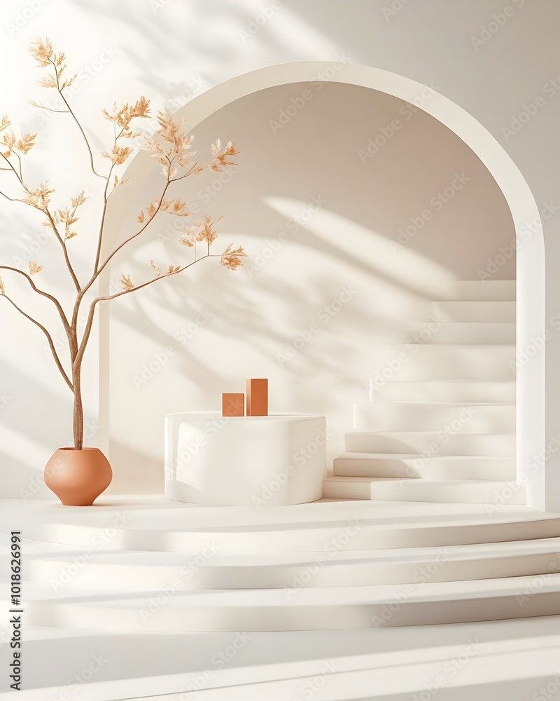 Bright and airy 3D studio set featuring clean white walls and floor a central product podium with natural shadow accents and a soft sunlit digital atmosphere Bright and airy 3D studio set featuring clean white walls and floor a central product podium with natural shadow accents and a soft sunlit digital atmosphere