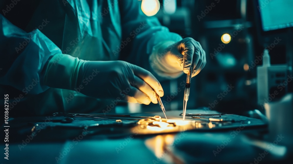 Doctor hands carefully handling surgical tools, bright lights reflecting off the instruments, sterile operating room environment Doctor hands carefully handling surgical tools, bright lights reflecting off the instruments, sterile operating room environment