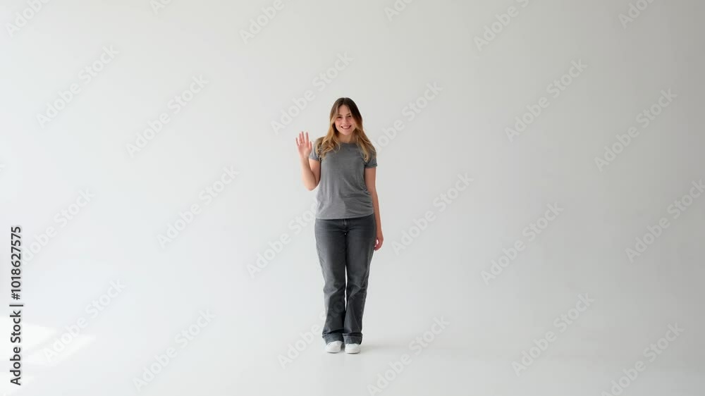Excited and joyful Caucasian young adult woman greeting by waving hand, standing alone on white background. Showing welcome or invite sign. Excited and joyful Caucasian young adult woman greeting by waving hand, standing alone on white background. Showing welcome or invite sign.