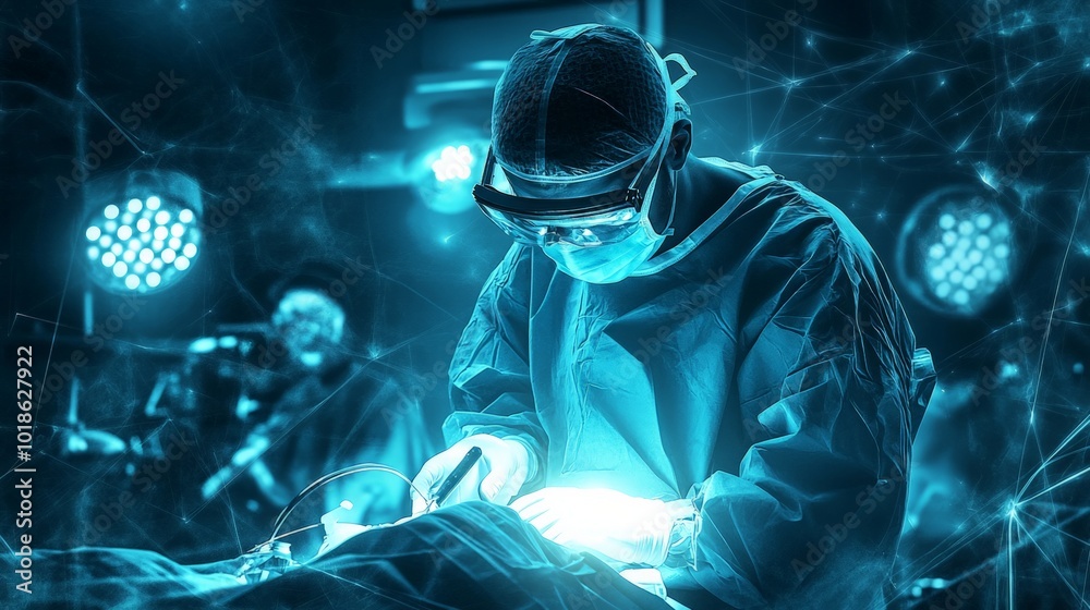 Surgeon with laser focus during a critical operation, bright surgical lights, medical staff assisting, advanced equipment surrounding Surgeon with laser focus during a critical operation, bright surgical lights, medical staff assisting, advanced equipment surrounding