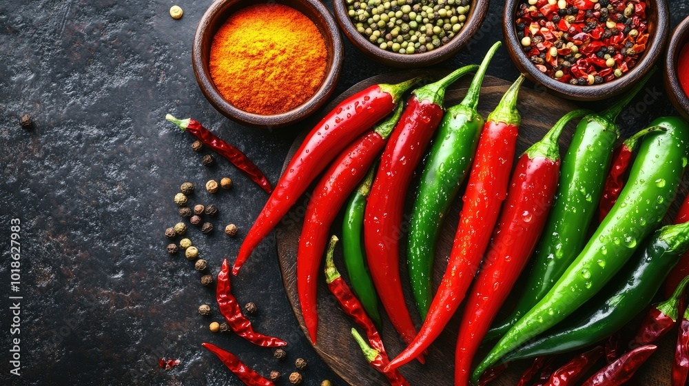 Fresh Red and Green Chili Peppers with Spices Fresh Red and Green Chili Peppers with Spices