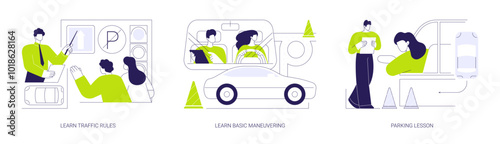 Car driving school abstract concept vector illustrations.