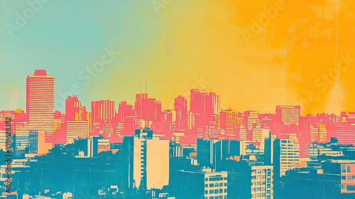 Harare, color wood block print effect. Woodblock printing. Graphic designed, illustration for travel poster, card, wallpaper, backdrop or banner. Modern, clear, artistic and simple