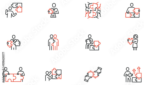 Vector Set of Linear Icons Related to Organization Process, Business Structure. Puzzle and Leadership. Mono line pictograms and infographics design elements - part 2