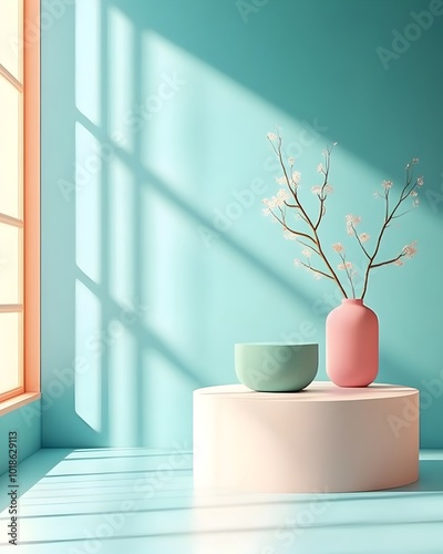 Elegant 3D product photography studio with teal blue wall minimalist floor and empty podium  Directional window lighting casts dramatic shadows on the countertop