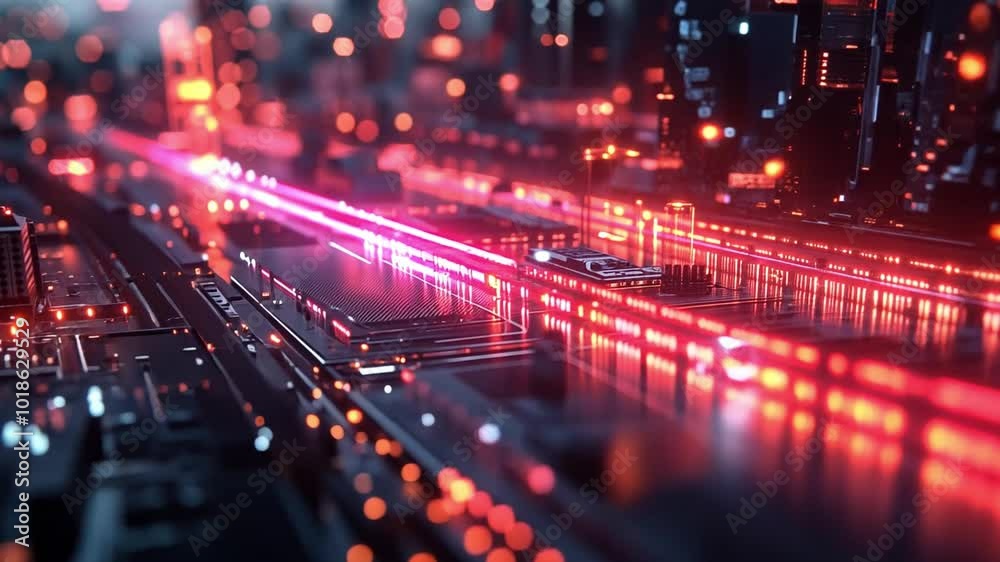 Abstract digital cityscape with vibrant lights at night, showcasing technology's intricate details Abstract digital cityscape with vibrant lights at night, showcasing technology's intricate details