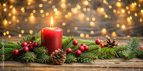 Christmas background - First Advent Sunday - Red Advent candle with natural Xmas decoration, branches and pine cones on rustic wood with magic lights bokeh