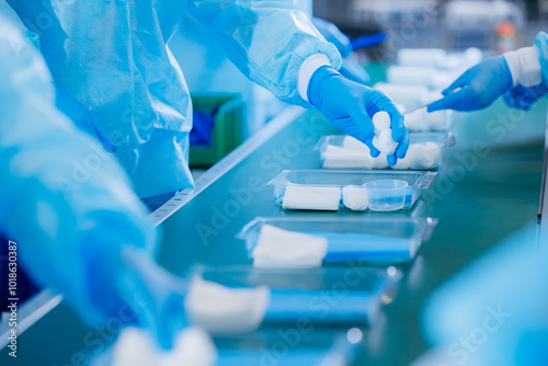 Worker in uniform collects tools into sterile kit surgical on conveyor belt. Pharmaceutical factory for production of medical instruments