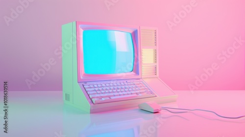 Retro Computer in a Pink and Blue Light