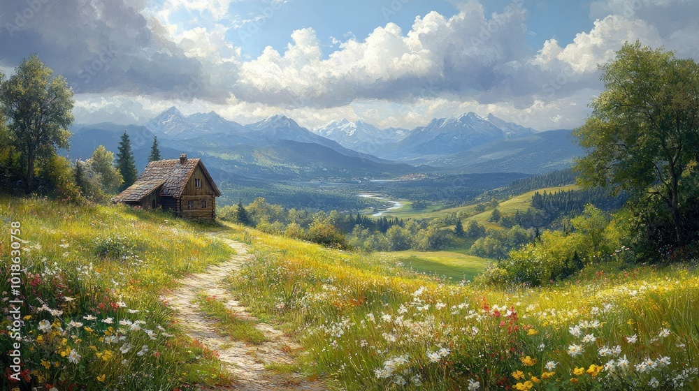 Idyllic countryside with rolling hills and green pastures Idyllic countryside with rolling hills and green pastures
