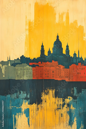 Helsinki, Finland, color wood block print effect. Woodblock printing. Graphic designed, illustration for travel poster, card, wallpaper, backdrop or banner. Modern, clear, artistic and simple