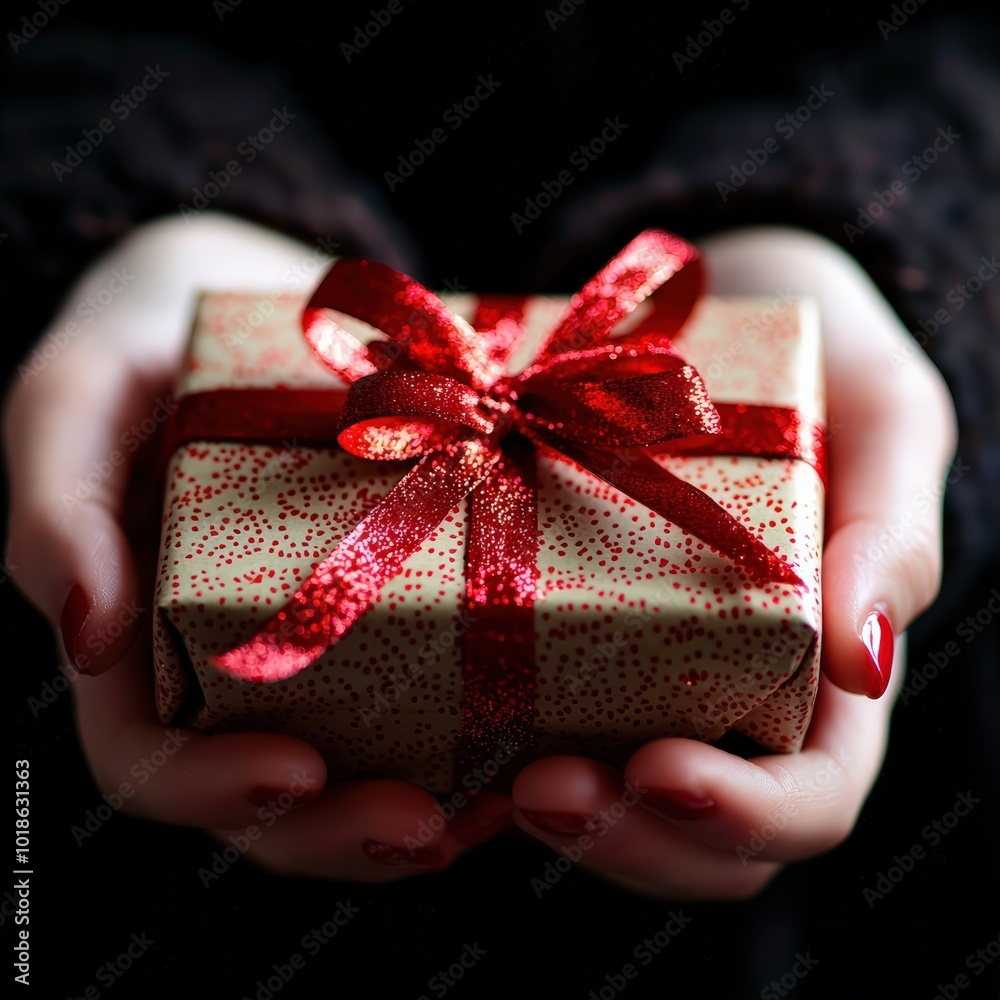 A beautifully wrapped gift in hands, adorned with a red ribbon, perfect for holiday celebrations and special occasions. A beautifully wrapped gift in hands, adorned with a red ribbon, perfect for holiday celebrations and special occasions.