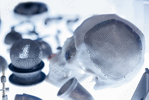 Model of human skull with steel implant printed on 3D printer. photo