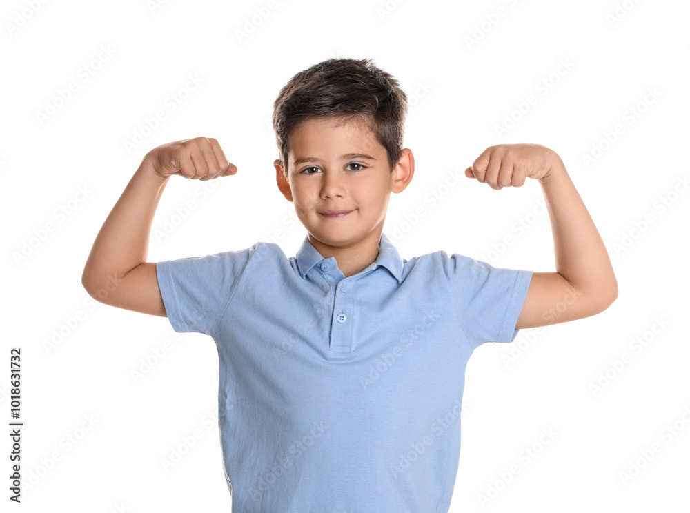Cute little boy showing his biceps on white background Cute little boy showing his biceps on white background