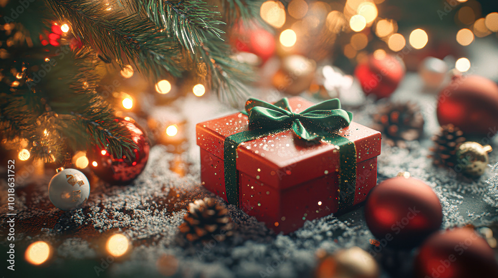 A red box with a green bow sits on a table with many Christmas decorations