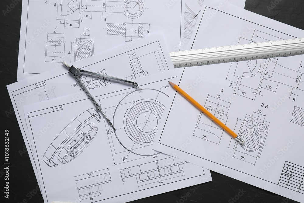 Different engineering drawings, pencil, ruler and divider on grey table, flat lay Different engineering drawings, pencil, ruler and divider on grey table, flat lay