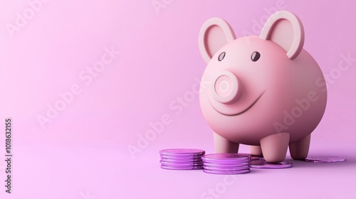 Cute Pink Piggy Bank with Coins on a Purple Background