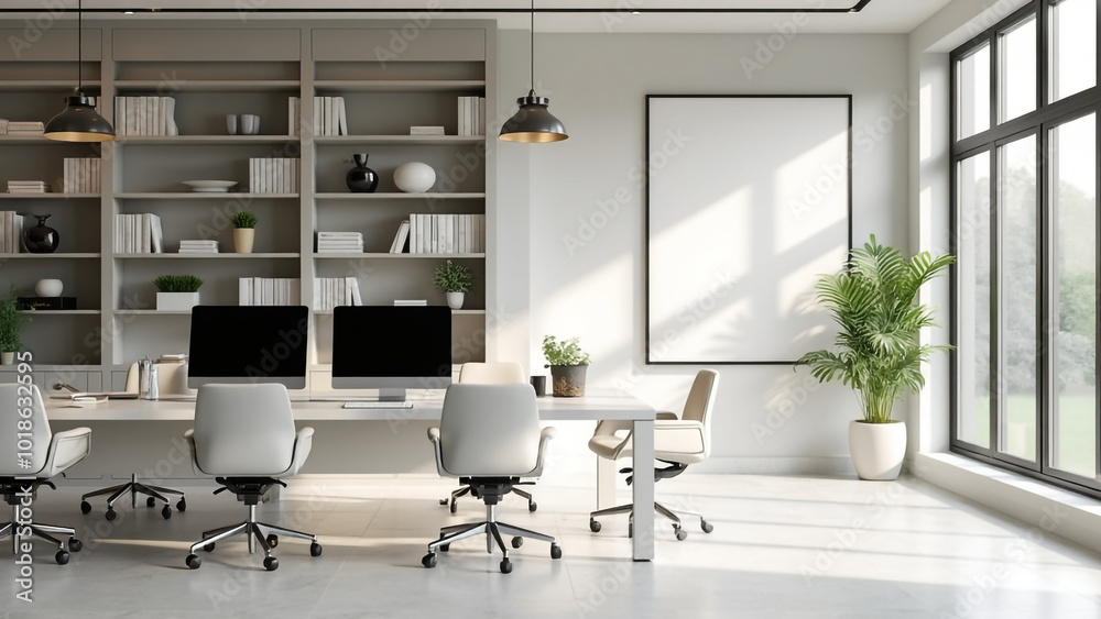 Modern office room interior with coworking space and fashionable furniture. White Mockup frame. Modern office room interior with coworking space and fashionable furniture. White Mockup frame.