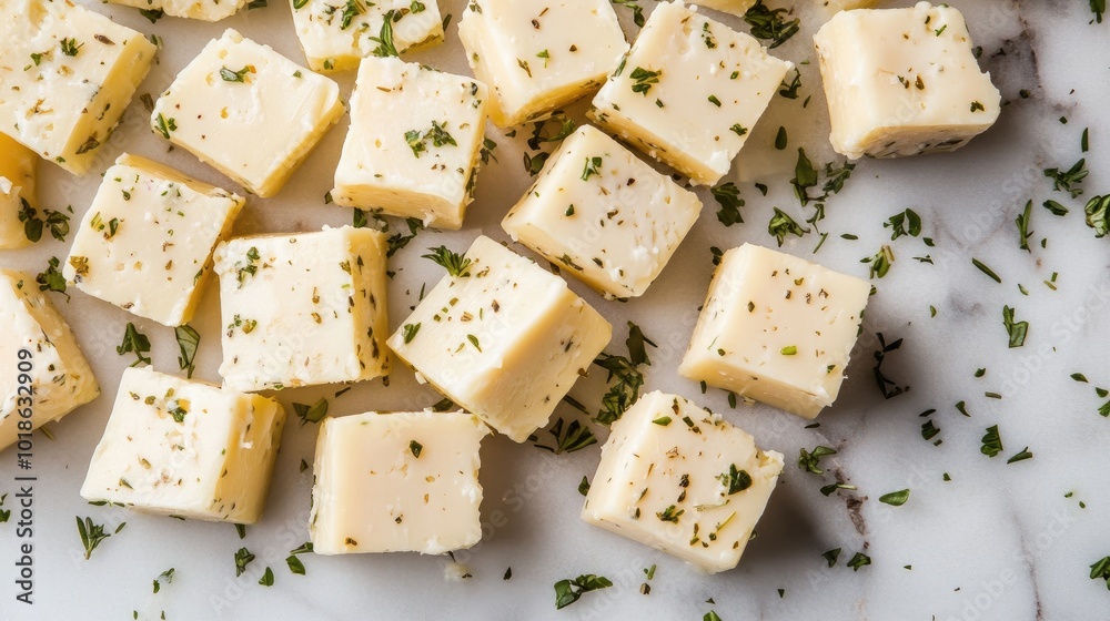 Fresh Herb Infused Cheese Cubes on Marble Surface Fresh Herb Infused Cheese Cubes on Marble Surface