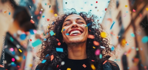 Joyful woman smiling surrounded by colorful confetti in a city setting. photo