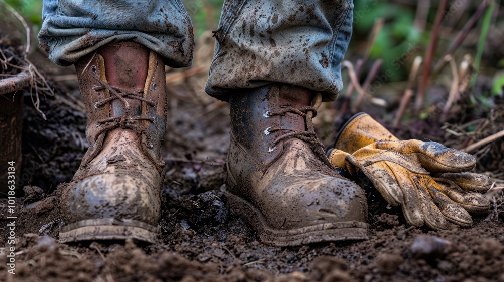 A pair of muddy work boots and gloves sit in the dirt after a long day of labor. A pair of muddy work boots and gloves sit in the dirt after a long day of labor.
