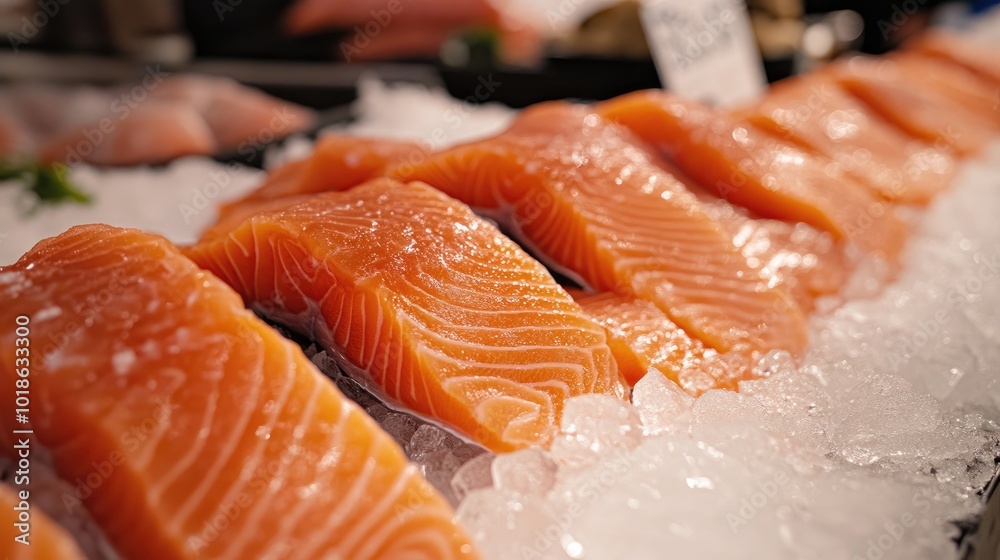Fresh Salmon Fillets on Ice in Seafood Market Display Fresh Salmon Fillets on Ice in Seafood Market Display