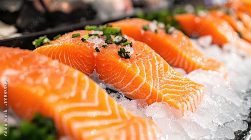 Fresh Salmon Fillets on Ice with Herbs and Garnish Fresh Salmon Fillets on Ice with Herbs and Garnish