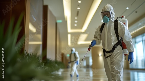 Professional pest control technicians spray insecticides to get rid of pests in office areas photo