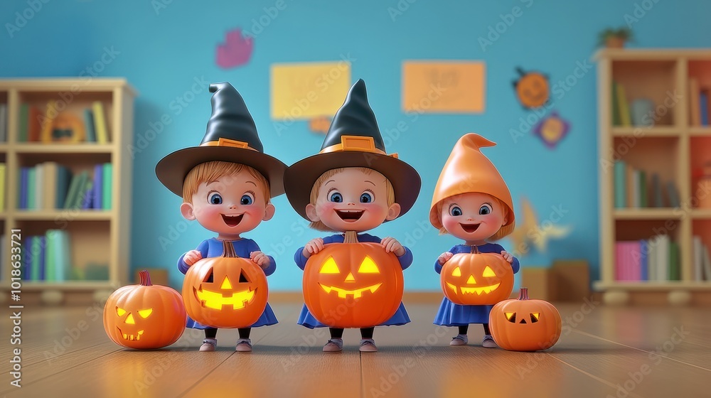 Cute little children celebrate Halloween with fun in school or kindergarten, Halloween party Cute little children celebrate Halloween with fun in school or kindergarten, Halloween party