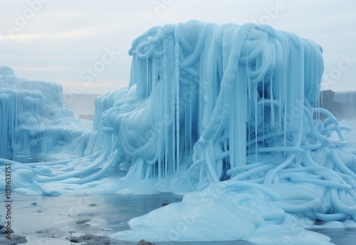 Frozen waterfall creations at dawn in a winter landscape