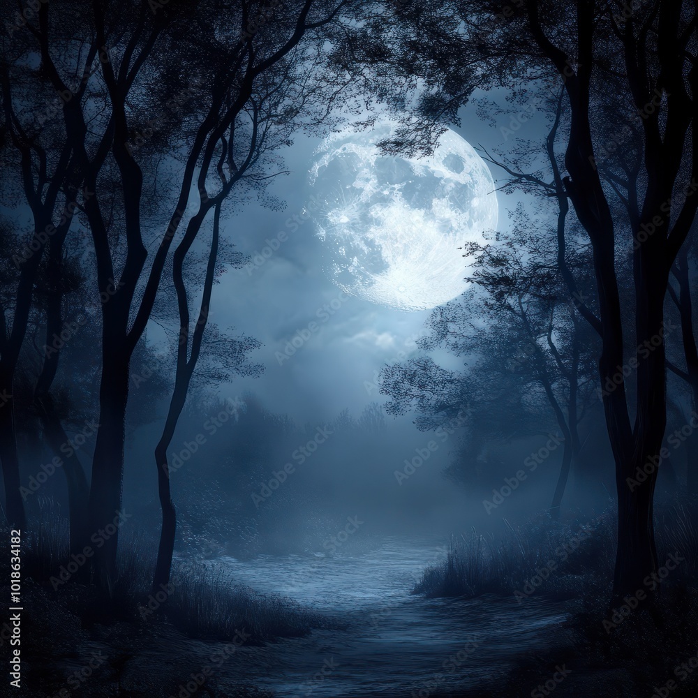 Fototapeta premium dark night forest. full moon