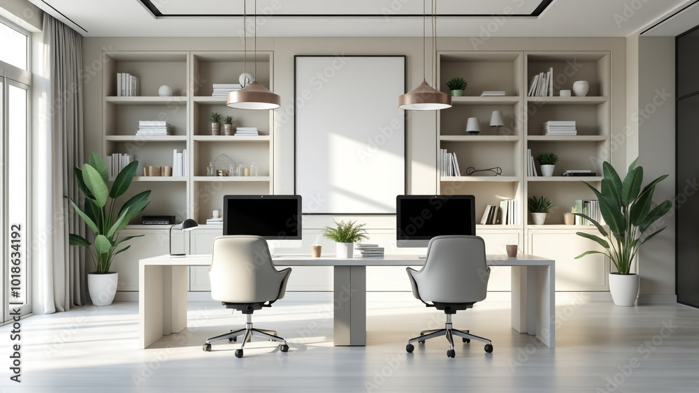 Modern office room interior with coworking space and fashionable furniture. White Mockup frame. Modern office room interior with coworking space and fashionable furniture. White Mockup frame.