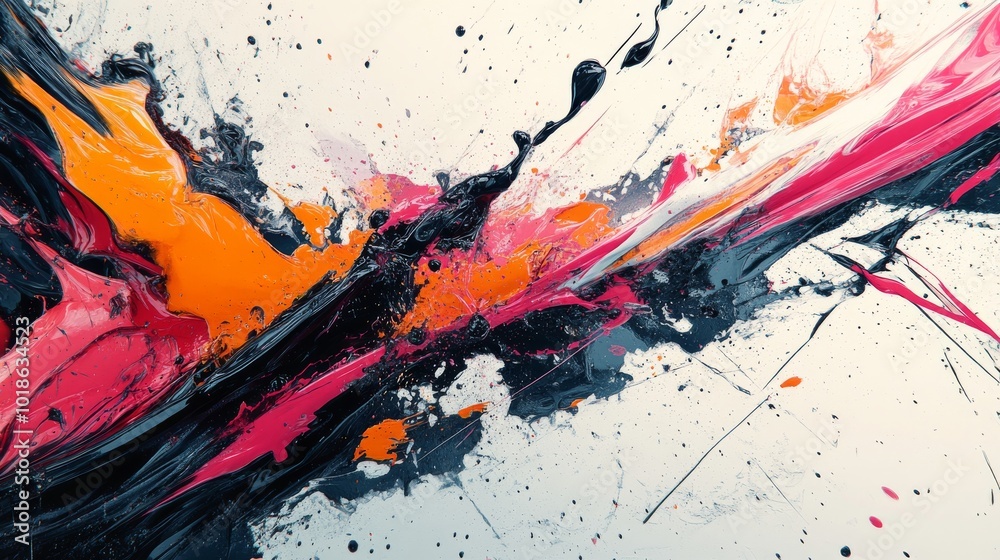 Abstract Painting with Black, Orange, and Pink Splashes