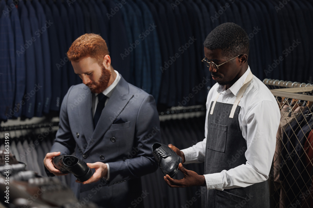 Banner shopping classic fashion shoes in store, seller working with client Banner shopping classic fashion shoes in store, seller working with client