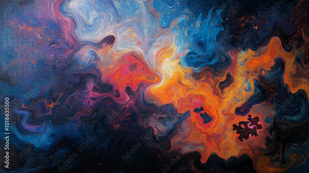 Fototapeta premium Colorful abstract swirls of paint in blue, orange, pink, and black resembling a cosmic landscape