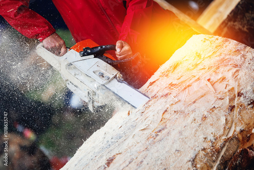 Close-up of woodcutter hand use chainsaw in motion, sawdust fly to sides. Concept sawing chain saw trees photo