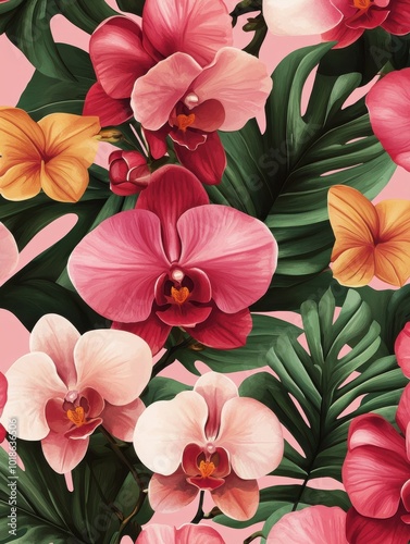 Tropical floral pattern with vibrant orchids and lush green leaves, creating a stunning nature-inspired design.