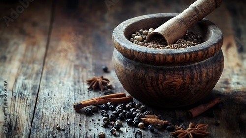  A rustic scene featuring a wooden mortar filled with a mixture of whole spices like cumin seeds, coriander seeds, and black peppercorns, with some spices scattered around on a weathered wooden table.