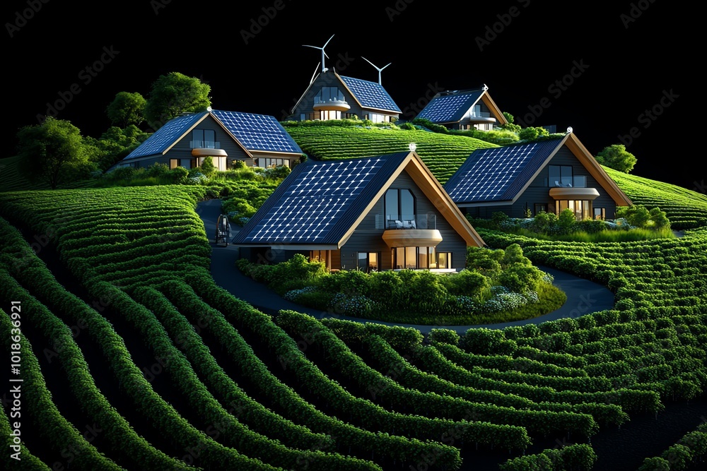 Futuristic depiction of a rural community where all homes are powered ...