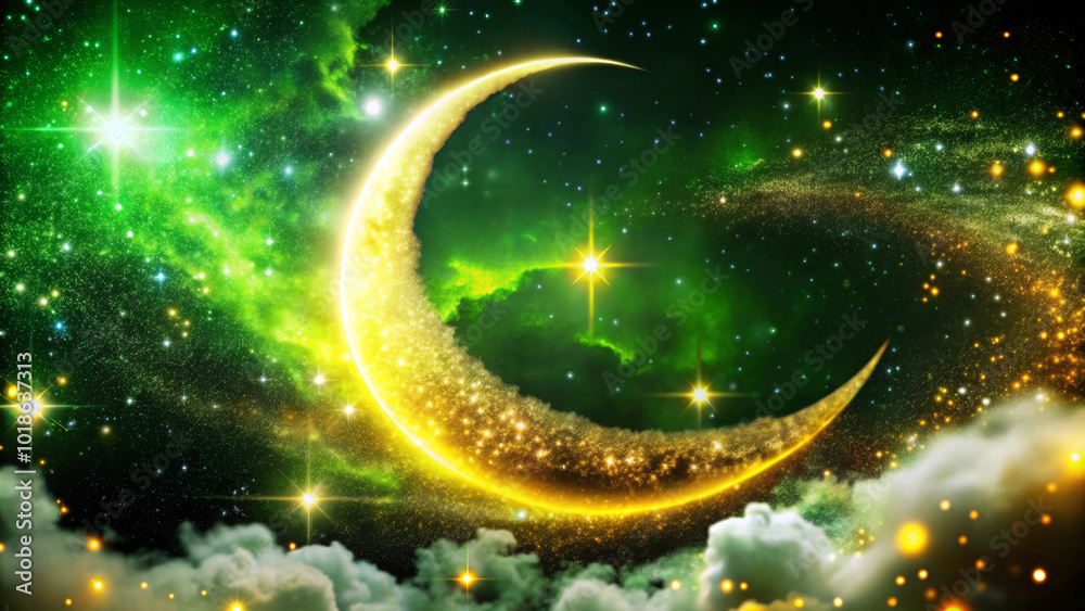 A glowing crescent moon is set against a backdrop of a vivid green and star-filled sky. Bright clouds float below, adding depth and contrast to the celestial scene,with copy space.AI generated. A glowing crescent moon is set against a backdrop of a vivid green and star-filled sky. Bright clouds float below, adding depth and contrast to the celestial scene,with copy space.AI generated.