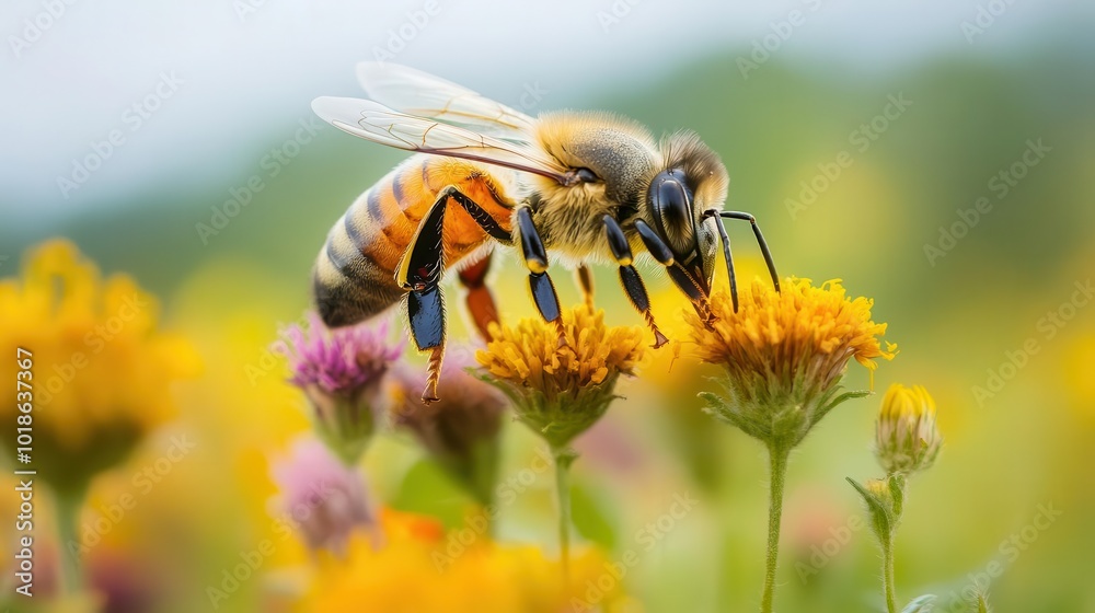 Bees pollinating diverse wildflowers on a regenerative farm, pollinator-friendly farming, biodiversity conservation Bees pollinating diverse wildflowers on a regenerative farm, pollinator-friendly farming, biodiversity conservation