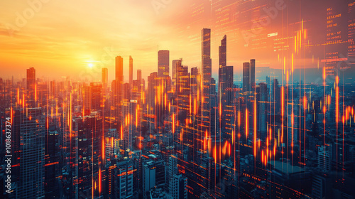 Financial data visualization with glowing market charts in an urban setting