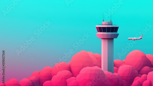 A colorful digital artwork of an airport control tower rising above soft pink clouds, with an aircraft flying in the distance against a turquoise sky.