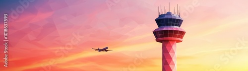 A vibrant sunset scene featuring an airport control tower and an airplane in flight, capturing the essence of travel and aviation.