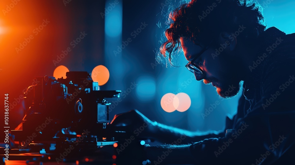 Obraz premium A focused photographer working with a camera in a stylish, illuminated environment, showcasing creativity and passion for art.