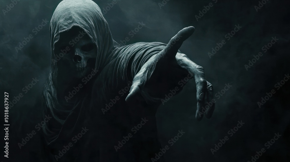 Grim reaper reaching towards the camera over dark background with copy space Grim reaper reaching towards the camera over dark background with copy space