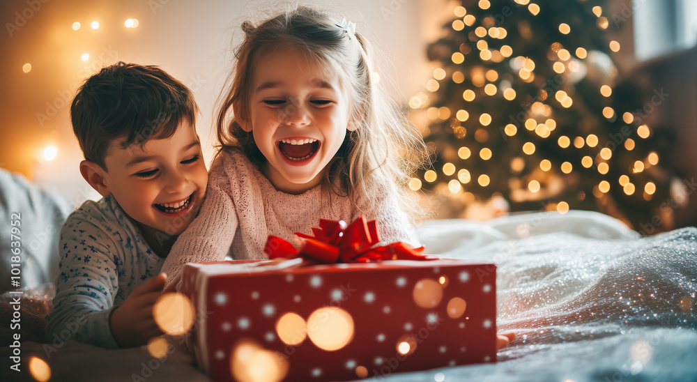 Happy children with their Christmas gift Happy children with their Christmas gift
