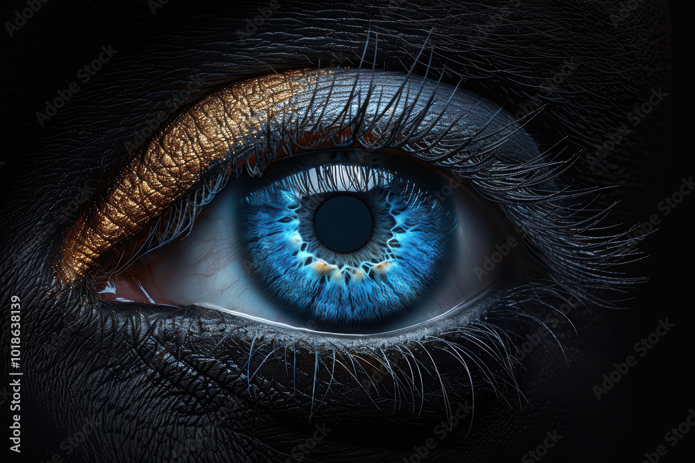 Obraz premium Mystic Blue Eye: Close-up of a captivating blue eye with a golden accent, set against a dark background. The image evokes mystery, depth, and intrigue. 